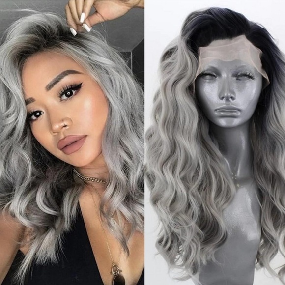 22” Ombre Black Gray WAVY Beautiful Lace Front Wig NEW